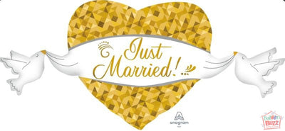 41-inch - Just Married Heart and Doves - Helium-Filled Foil Balloon