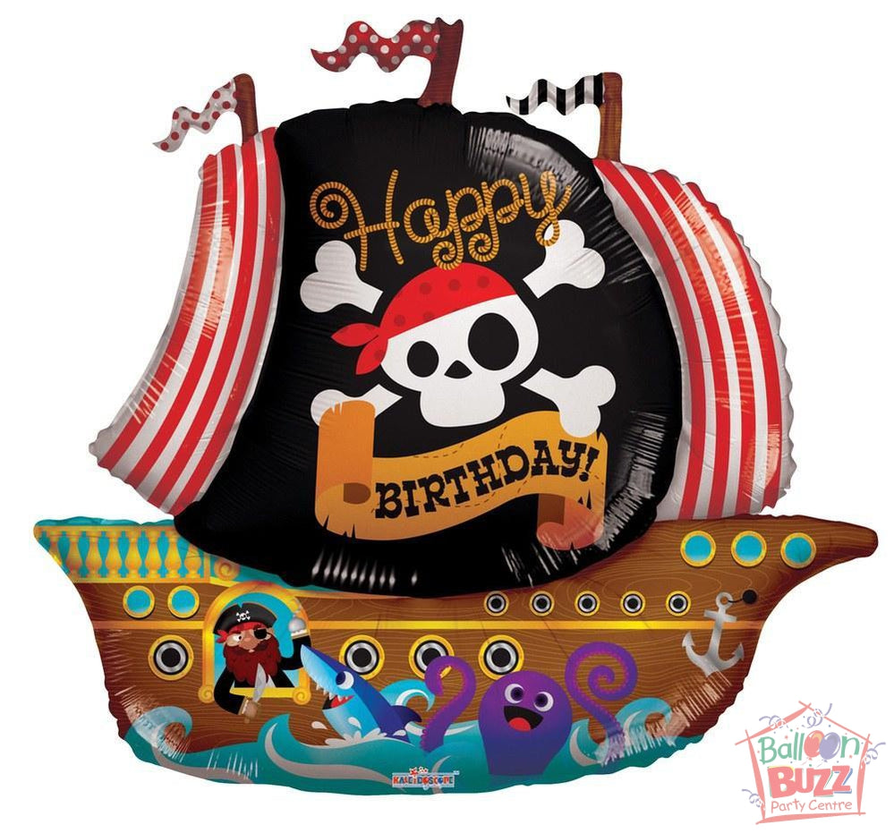 Happy Birthday Pirate Boat Shape - 36 inch - Helium-Filled Foil Balloon
