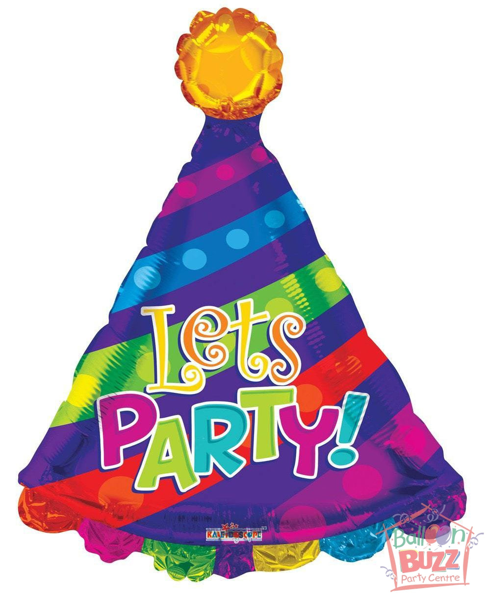 Happy Birthday Let's Party Hat Shape - 28 inch - Helium-Filled Foil Balloon