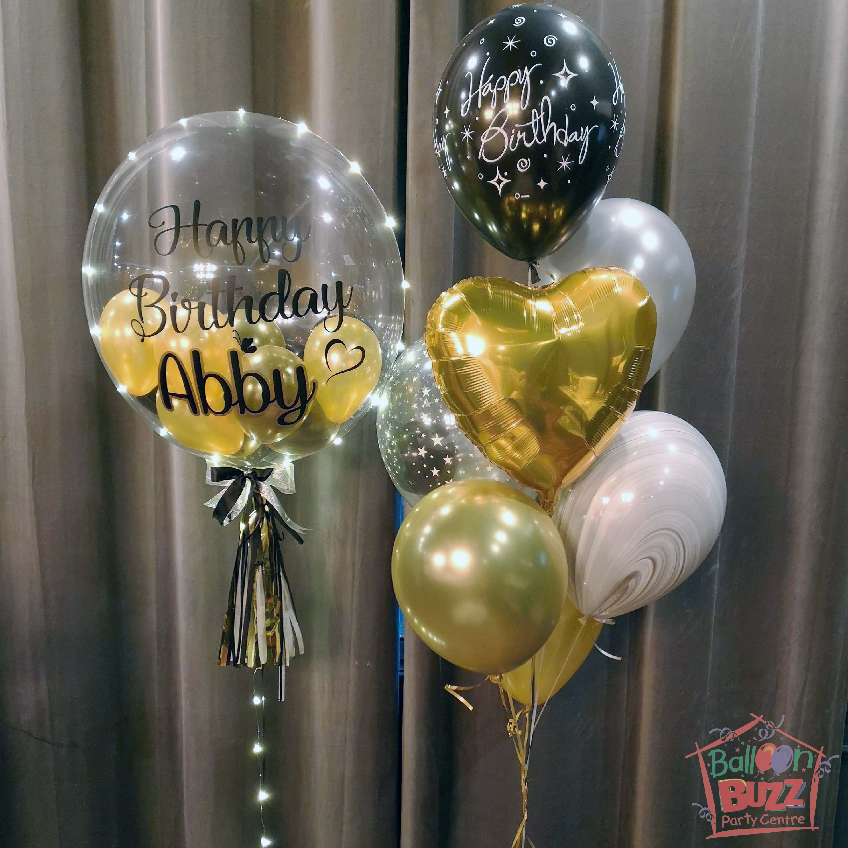 Gold and Black Themed 24-Inch Birthday Personalized Balloon With Lights + 7 Helium-Filled Mixed Bouquet