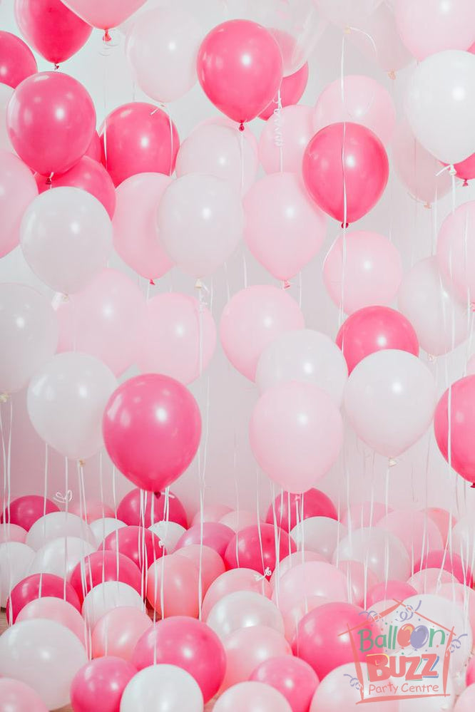 Pink, White And Metallic Rose Balloons For Backdrop With Helium And Air Balloons