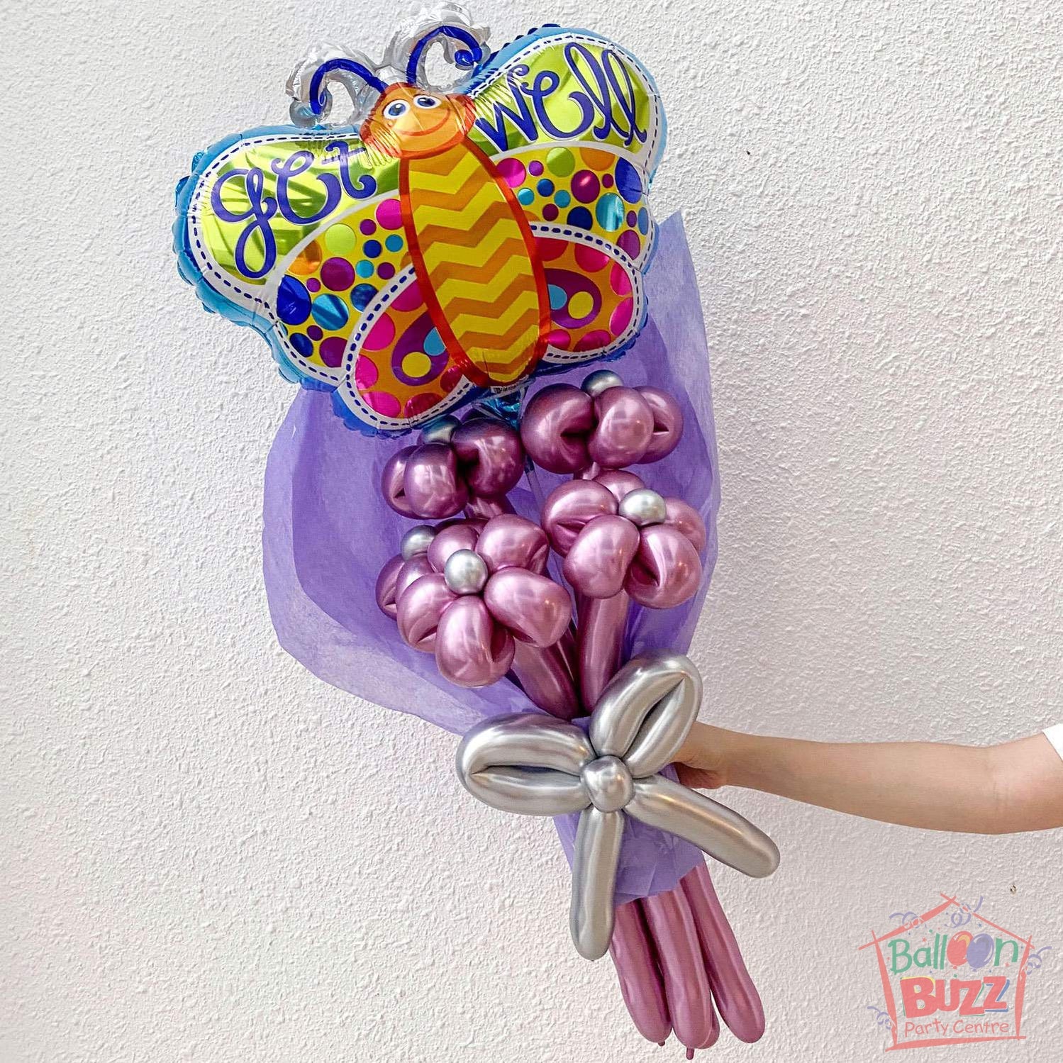 18-inch Get Well Soon Butterfly with Chrome Balloon Flower Bouquet